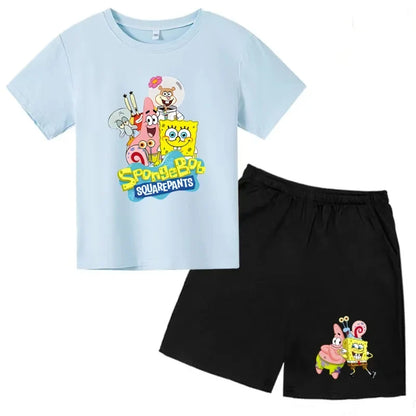 Kids Summer Anime SpongeBob SquarePants Fashion T-shirt 3-12 Years Boys Girls Toddler Short-sleeved+Shorts Casual Sportswear Set