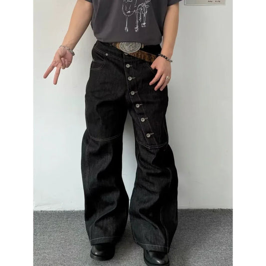 American Retro Long Row Button Design Men's Jeans High Street Loose Wide Leg Floor-Length Trousers Trendy Casual Jeans