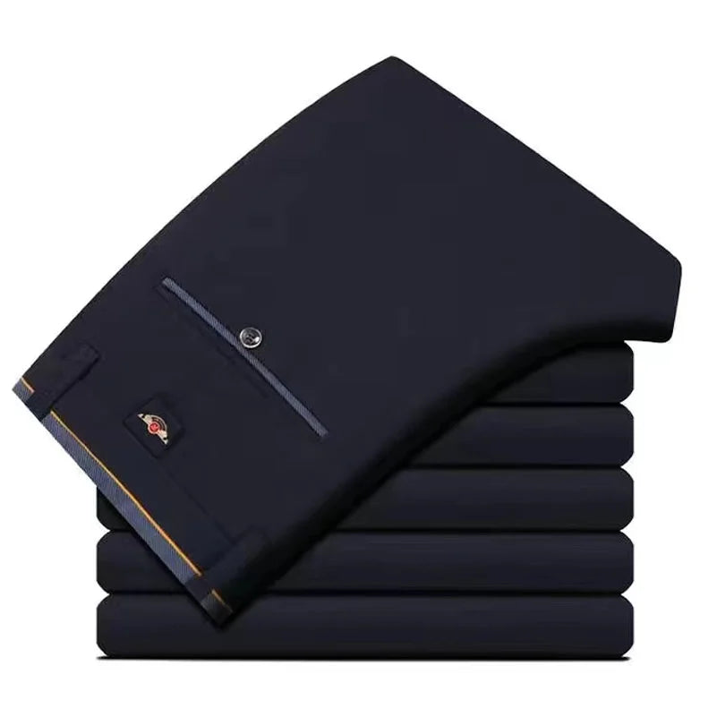 High Stretch Men's Dress Pants High Waist Elastic Formal Suit Pants Office Business Classic Casual Trousers Slim Fit Black Blue