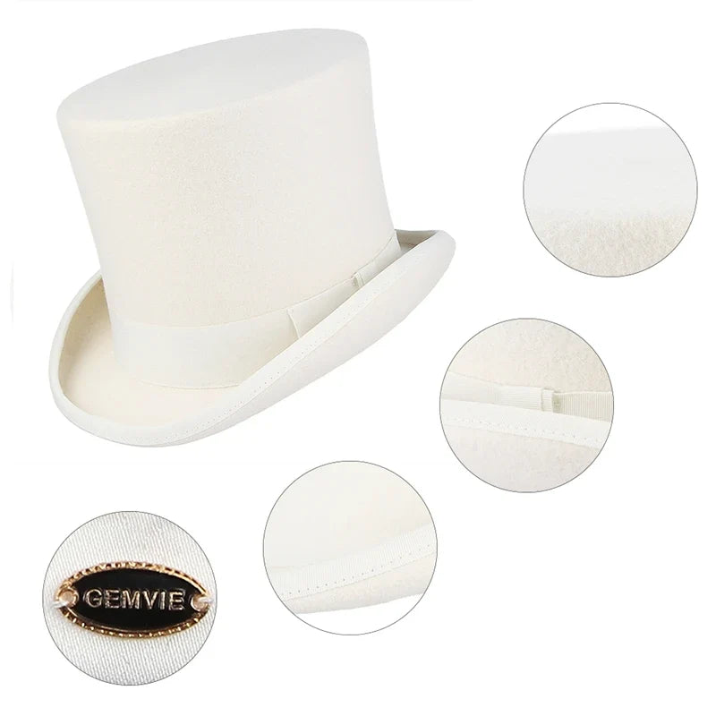 Men Women 100% Wool Felt Top Hat Gentleman Cylinder Hat Satin Lined Party Formal Fedora Costume Magician Cap