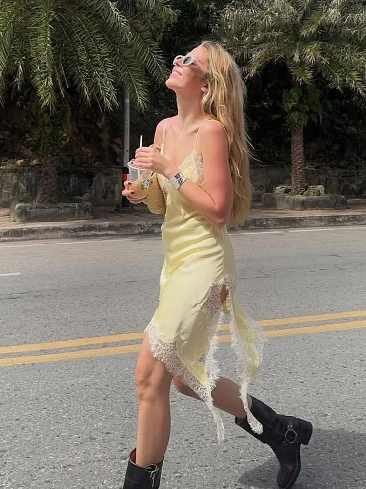 Woman Summer Sexy Sleeveless Backless Chic Beach Party Dress Women's Elegant Asymmetry Lace Decorate Slim Sling Dress