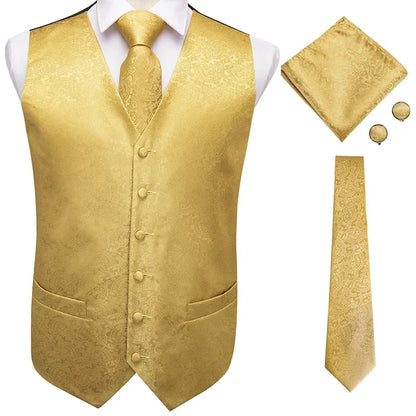 Hi-Tie Black Luxury Paisley Men's Vest Set Hanky Cufflinks For Wedding 100% Silk Vest For Men Gold Waistcoat Yellow Classic Vest