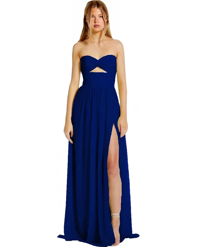 Strapless Chiffon Prom Dresses Pleated Sexy High Split Backless Cocktail Party Dress Off The Shoulder Long Homecoming Dress