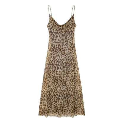 Women Vintage Leopard Print Spaghetti Strap Dress Sexy Backless Tulle Long Dresses Fashion Y2k High Street Vestido Mujer