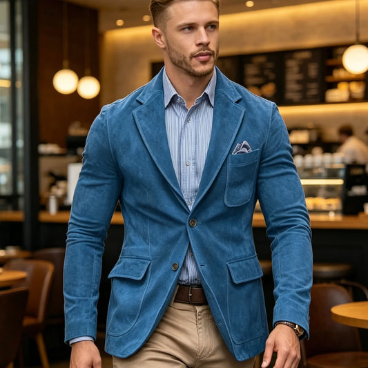 Men's Suede Brown Blazer Vintage Slim Fit Notched Lapel Formal Jacket High Quality Flap Pocket Sport Coat For Business Casual