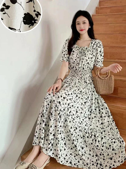 Summer New Cotton Silk Floral Print Maxi Dr ort Sve Beachwear High Waist Young Women's Large Skirt Swing Dr