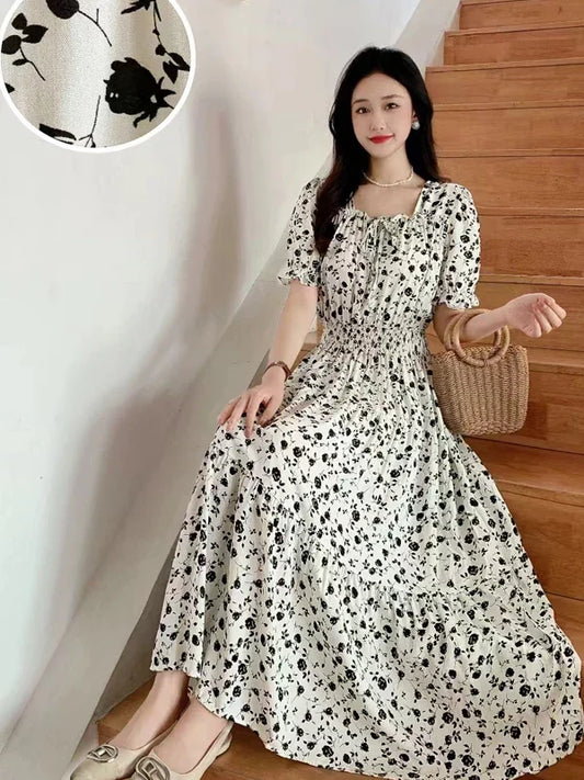 Summer New Cotton Silk Floral Print Maxi Dr ort Sve Beachwear High Waist Young Women's Large Skirt Swing Dr