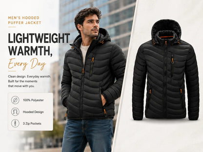 Mens Lightweight Outdoor Puffer Jacket Hooded Insulated Thermal Puffy Winter Heated Running Travle Casual Cotton Outdoor Coat