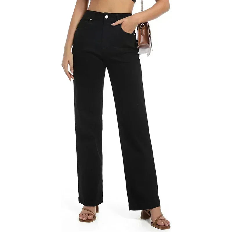 Girls Casual Loose Fit High Waisted Jeans Female Straight Leg Stretch Denim Pants Lady Comfortable Solid Basic Cheap Trousers