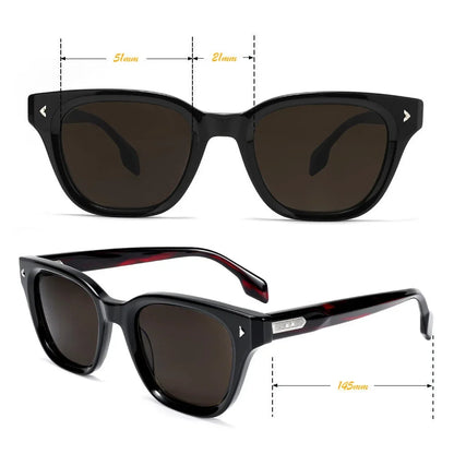 Retro Sunglasses Black Acetate Dark Red Temples UV400 Non-Polarized Rectangle Unisex Eyewear