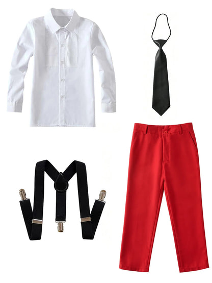 4pcs/set Boys' Suit Set With  Shirt , Pants  Tie And Straps School Uniforms