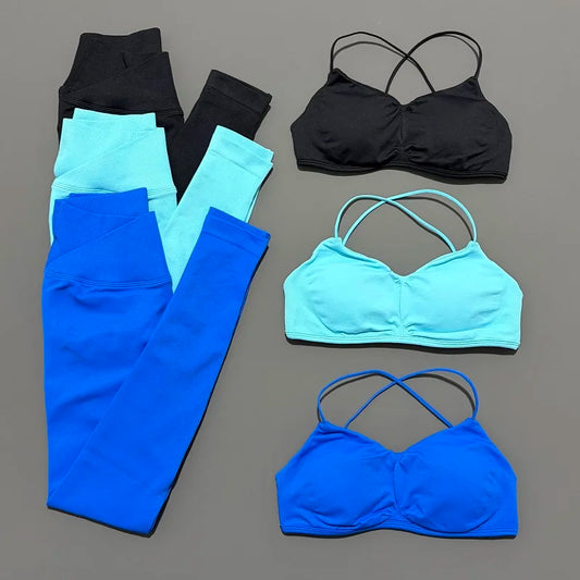 2 Piece Vision Sports Set Summer New Yoga Clothes Women Tracksuit Athletic Cross Backless Yoga Top Leggings Pilates Fitness Set