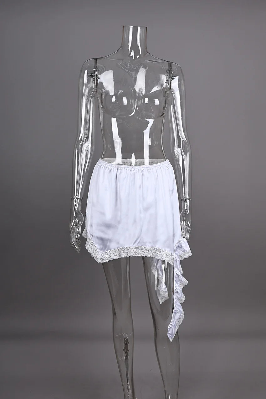 Summer Lace Satin Skirt For Women High Waist Printed Patchwork Slim Ruffled Casual Commute Clothes Female Y2k Skirt 2025