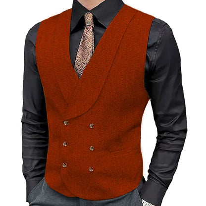 Men Vest Brown Herringbone Double Button With Lapel Waistcoat For Wedding Business Formal Banquet Work Daily Men Suit Vest