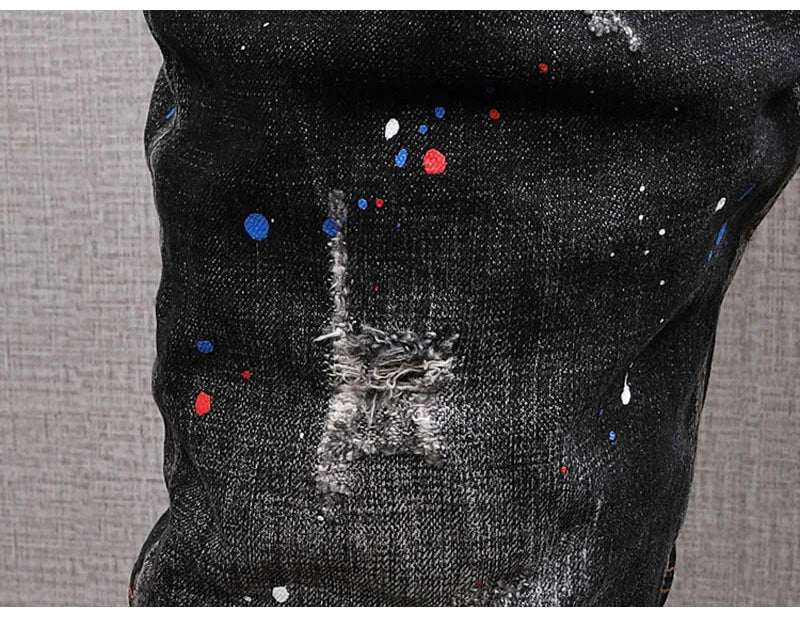 Fashion Streetwear Men Jeans Retro Black Blue Elastic Slim Fit Ripped Jeans Men Spliced Designer Embroidery Hip Hop Denim Pants