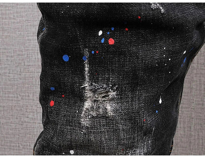Fashion Streetwear Men Jeans Retro Black Blue Elastic Slim Fit Ripped Jeans Men Spliced Designer Embroidery Hip Hop Denim Pants