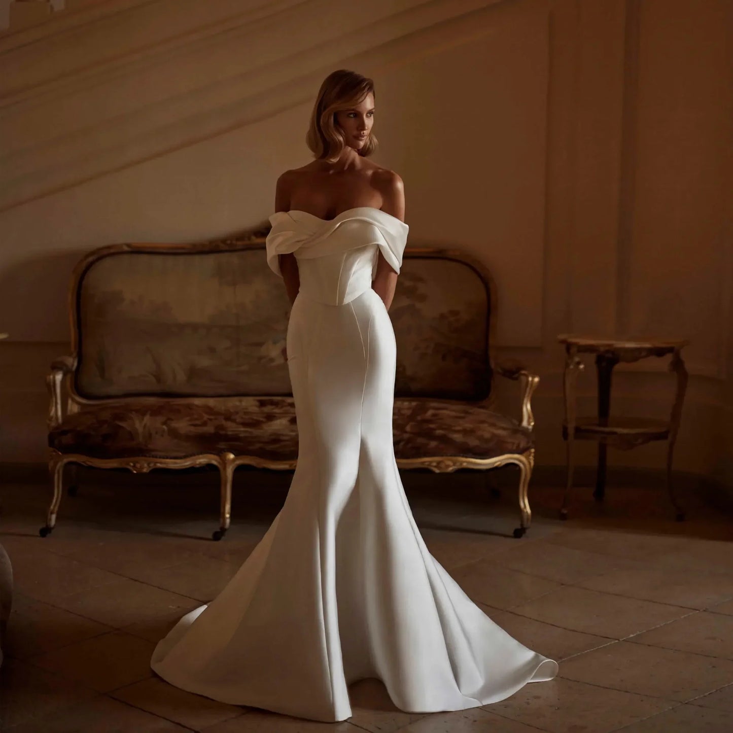 Satin Off Shoulder Wedding Dress Pleat Strapless Mermaid Bride Gown Detachable Train Vestido De noivas para casamento Customized