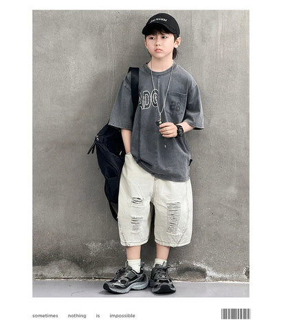 Cool Style Teenager Summer Set T-shirt And Ripped Denim Shorts Clothing Set for Kids Boy Age 7 To 14 Years Children Clothes Suit