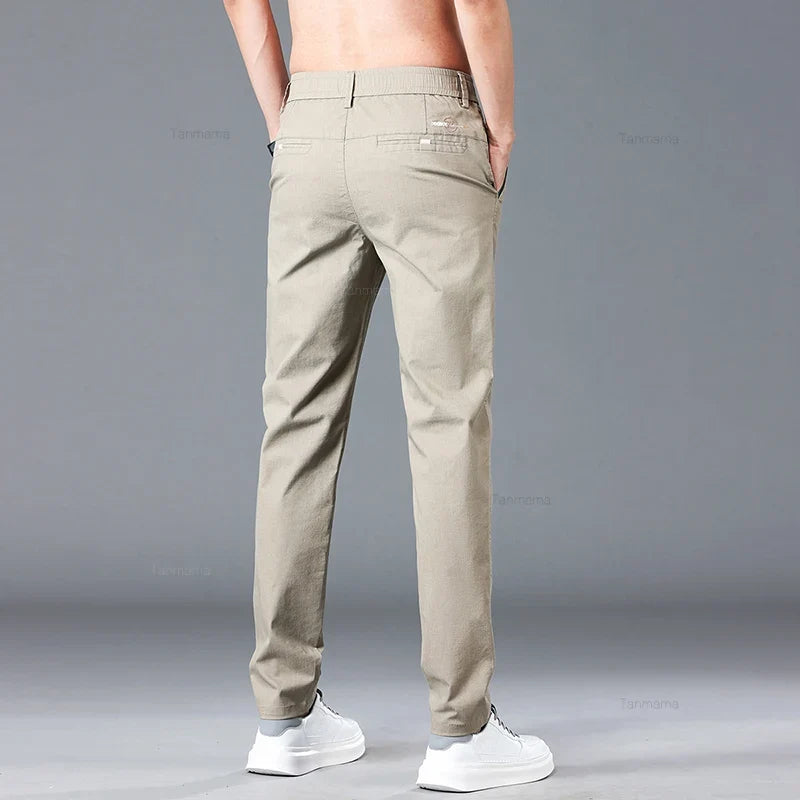 Spring Summer Men's Casual Pants Korean Fashion Cotton Thin Soft Elastic Slim Business Trousers Black Green Khaki