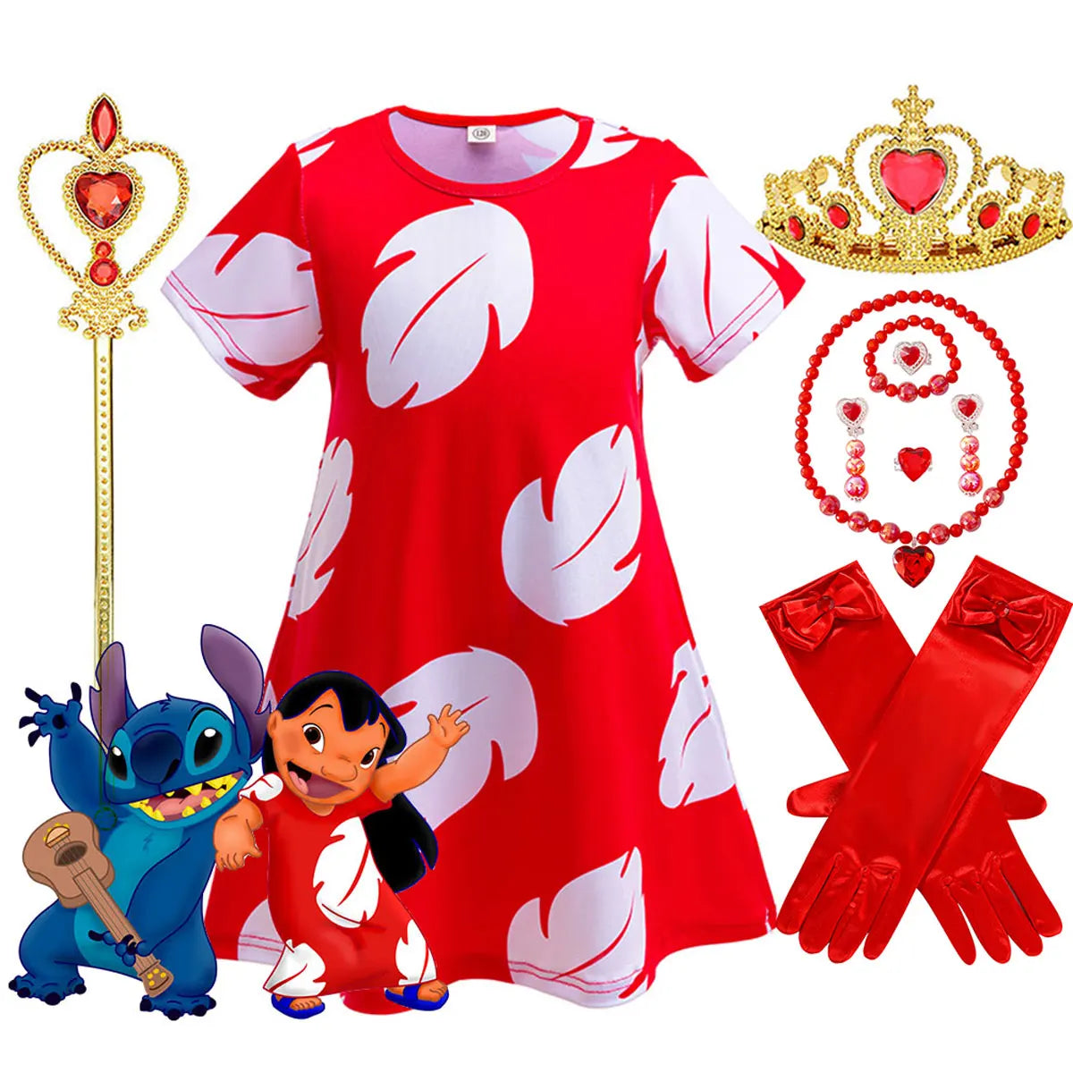 Costume Girl Cosplay Red Dress Short Sleeve Pajamas Hawaiian Printed Dress Summer Beach Outfit + Stitch Doll Set
