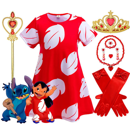 Costume Girl Cosplay Red Dress Short Sleeve Pajamas Hawaiian Printed Dress Summer Beach Outfit + Stitch Doll Set