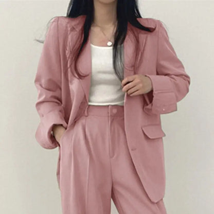 Casual Notch Lapel Suit Set with Button Thick Wide Leg Small Suit Pants High Waist Drape Polyester Business Lady Style Women