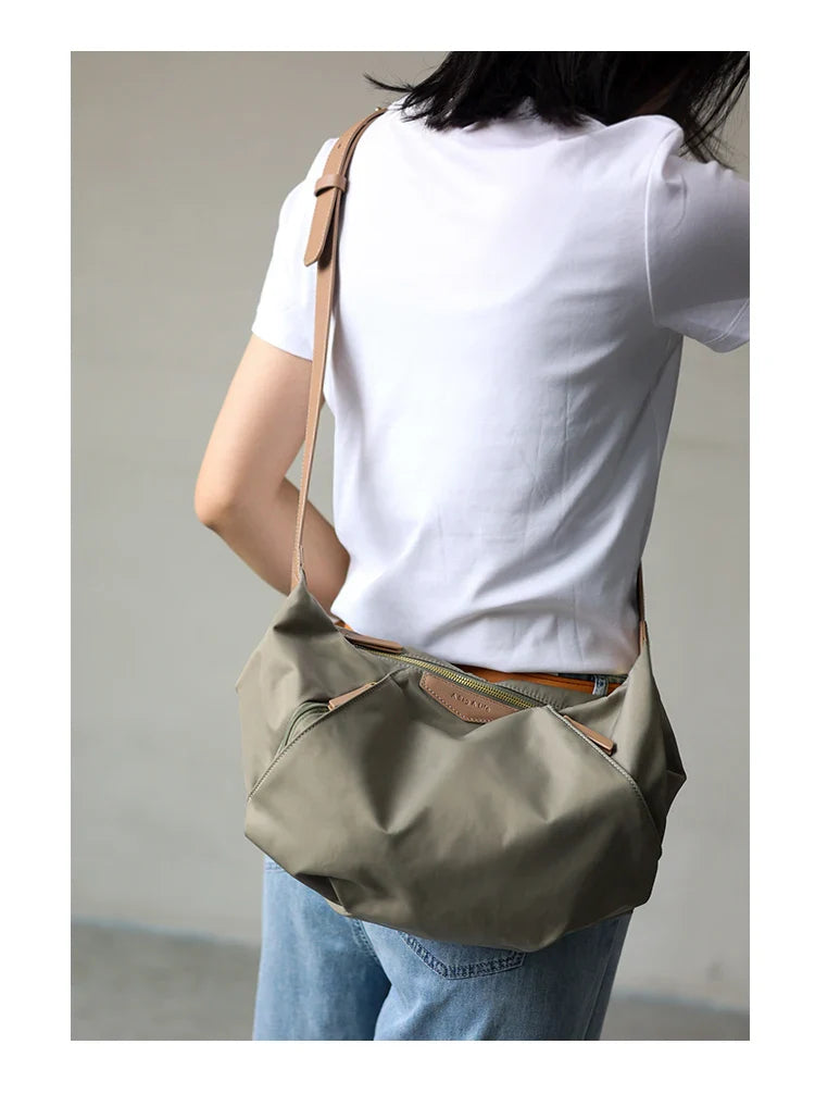 Lightweight Nylon Matching Genuine Leather Crossbody Bag High Quality Single Shoulder Bags Fashion Pleated Messenger Purses