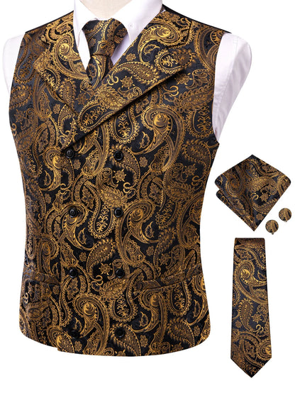 Dark Red Men's Vests Silk Paisley Jacquard Waistcoat Jacket NeckTie Hanky Cufflinks for Men Business Party Designer Gifts