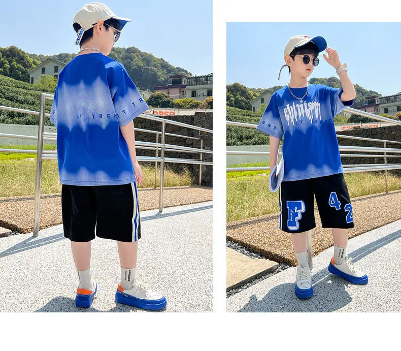 Summer Boys Cotton Alphabet Tie Dye t-Shirt Tops+Sweat Shorts Pant School Kids Tracksuit Child 2PCS Outfit Workout Set 5-16Years