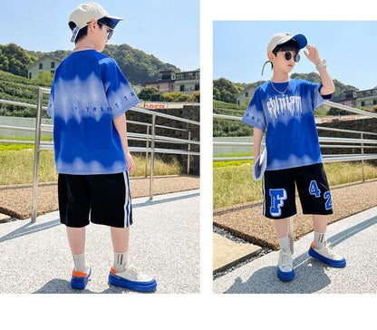 Summer Boys Cotton Alphabet Tie Dye t-Shirt Tops+Sweat Shorts Pant School Kids Tracksuit Child 2PCS Outfit Workout Set 5-16Years