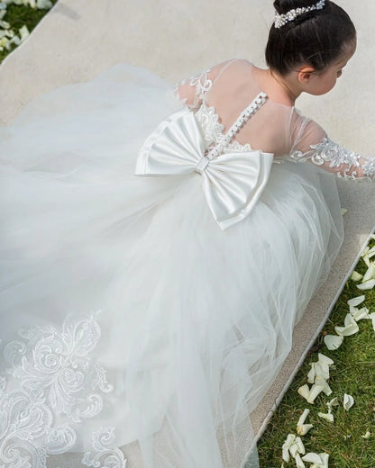 Flower Girl Dresses For Weddings Long Sleeve Lace Tulle Bow Back Children's Elegant Dress vestidos para niñas