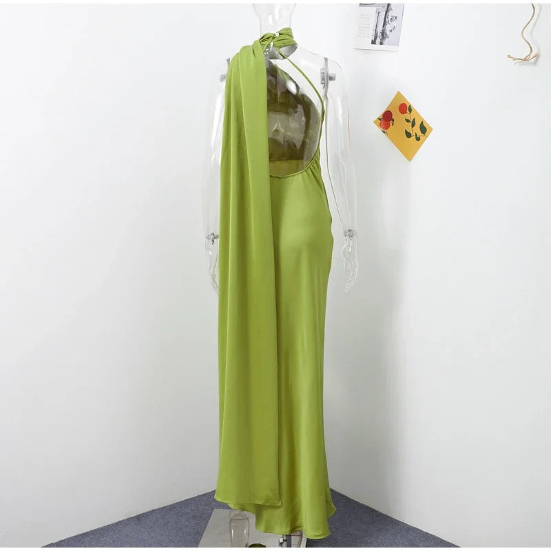 Elegant Ribbon Halter Dress Women Solid Off Shoulder Sleeveless Backless Slim Maxi Dresses 2025 Summer Autumn Party Robes Lady