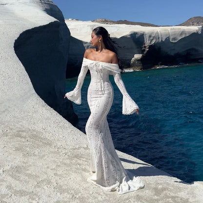 Elegant Off The Shoulder Bodycon Dress 2024 New in White Flare Sleeve Lace Maxi Dress Wedding Guest Dress for Women
