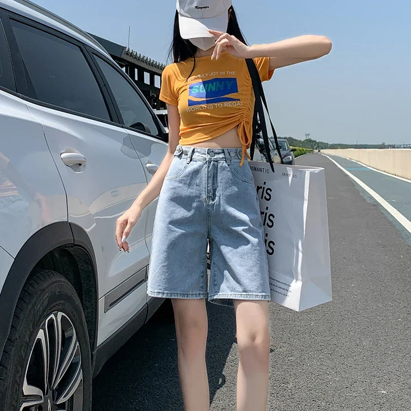 Summer New Korea Fashion Loose Women Jeans Shorts Purple Pink High Waist Straight Pockets Female Wide Short Pants
