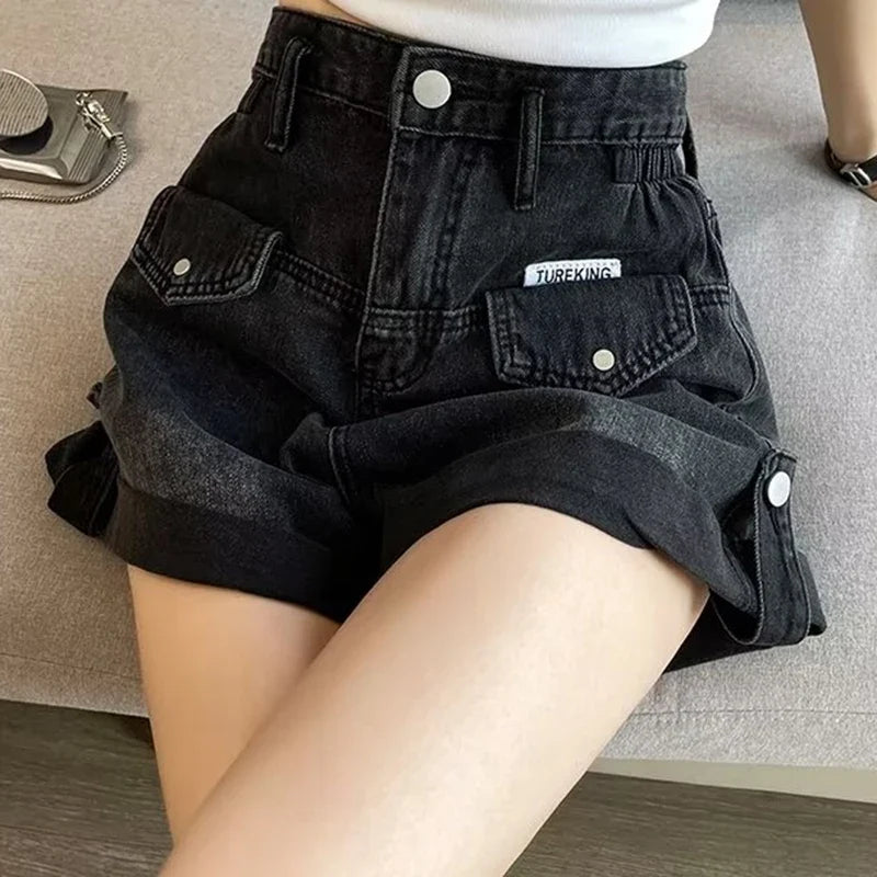 2024 Summer Women Shorts Pants Lady High Waisted Loose High Street Denim Pants Female Streetwear Black Gray Wide Leg Short Jeans