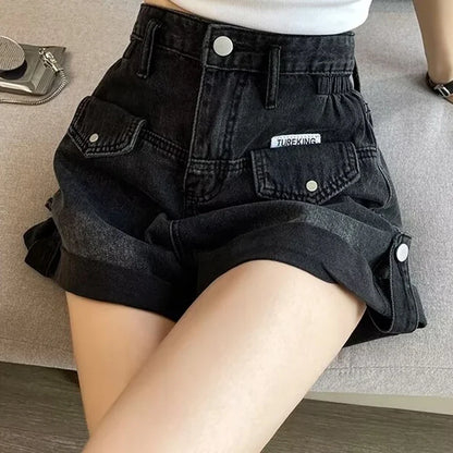 2024 Summer Women Shorts Pants Lady High Waisted Loose High Street Denim Pants Female Streetwear Black Gray Wide Leg Short Jeans
