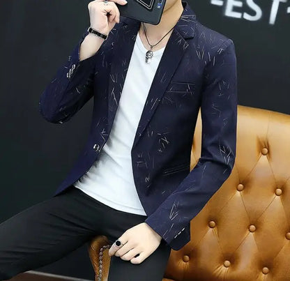 Autumn 2024 New Men's Fashion Print Men Casual Business Blazer Mens Slim Suit Jacket White Male Thin Coat