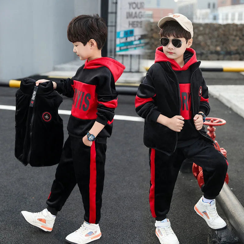Winter Boys Warm Fleece Lined Zip Waistcoat+Sweatshirt+Sweatpant Sets School Kids 3PCS Tracksuit Children Workout Outfit 5-14Yrs