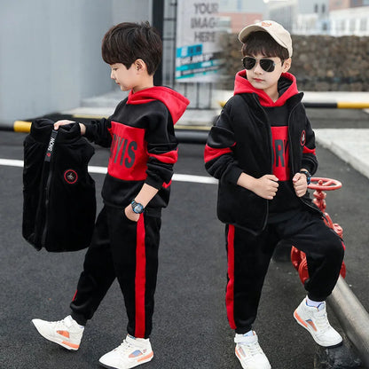 Winter Boys Warm Fleece Lined Zip Waistcoat+Sweatshirt+Sweatpant Sets School Kids 3PCS Tracksuit Children Workout Outfit 5-14Yrs