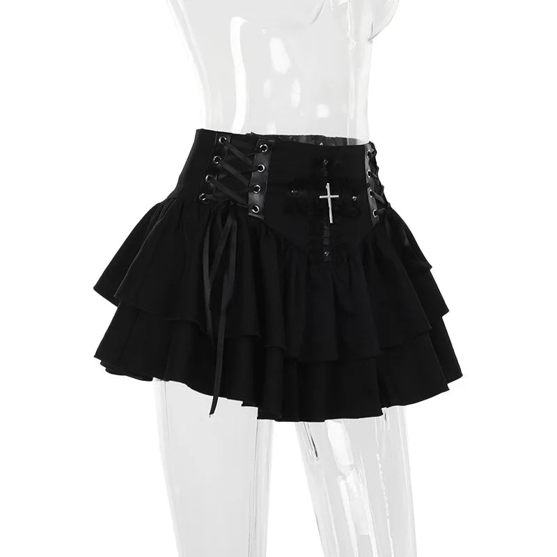 Punk Cross Patchwork Pleated Skirts Mall Gothic Techwear Bottoms Grunge Aesthetic Women Bandage Mini Skirt Alt Clothes