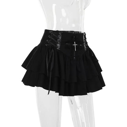Punk Cross Patchwork Pleated Skirts Mall Gothic Techwear Bottoms Grunge Aesthetic Women Bandage Mini Skirt Alt Clothes