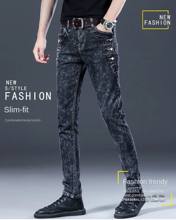 Autumn Winter Brushed Cowboy Luxury Slim Designer Clothes Male Korean Style Denim Skinny Plush Grey Jean Pants Trousers for Men