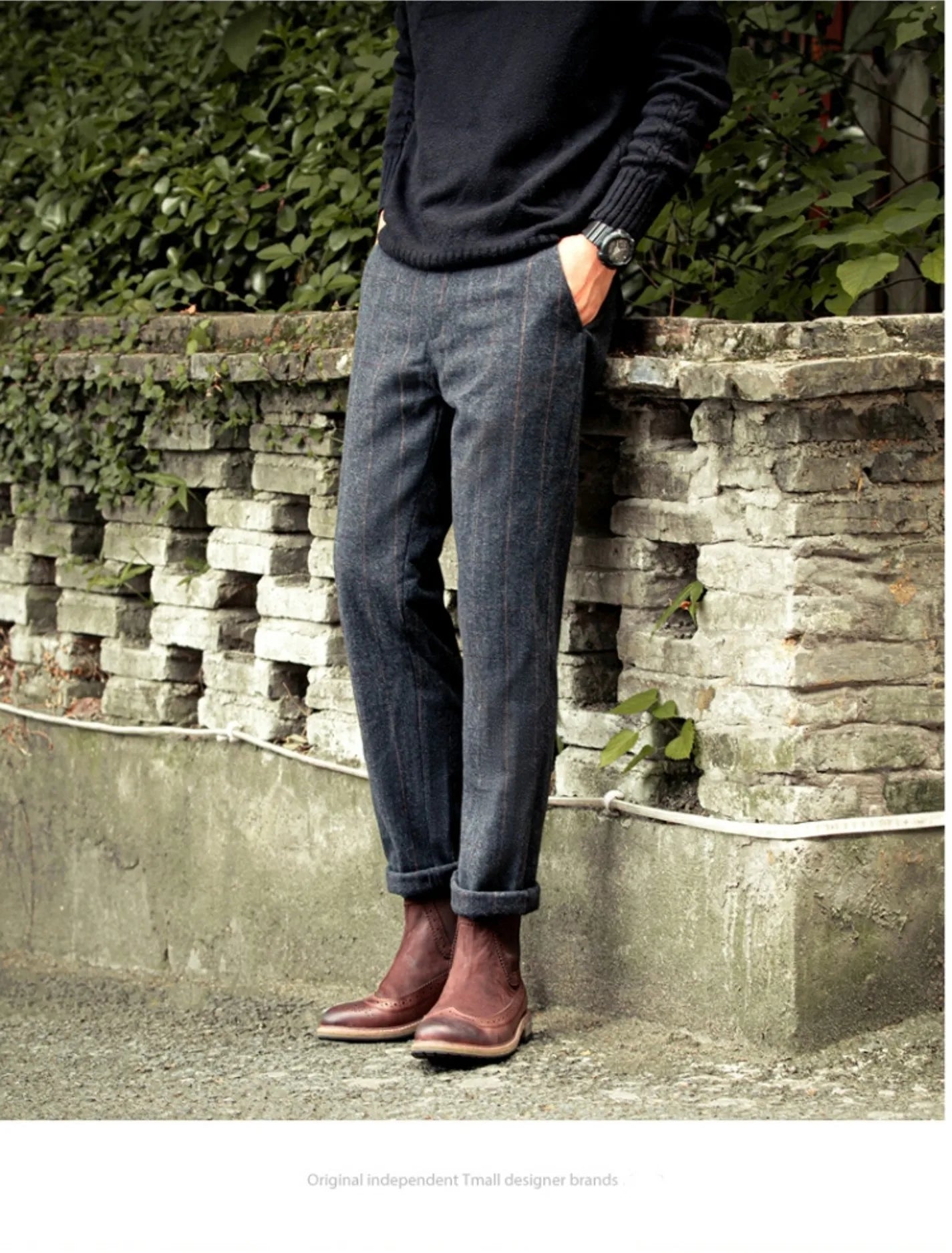 Retro British Wool Herringbone Casual Pants for Men, Thick Loose Plaid Pants for Autumn and Winter, Large Size Woolen Pants