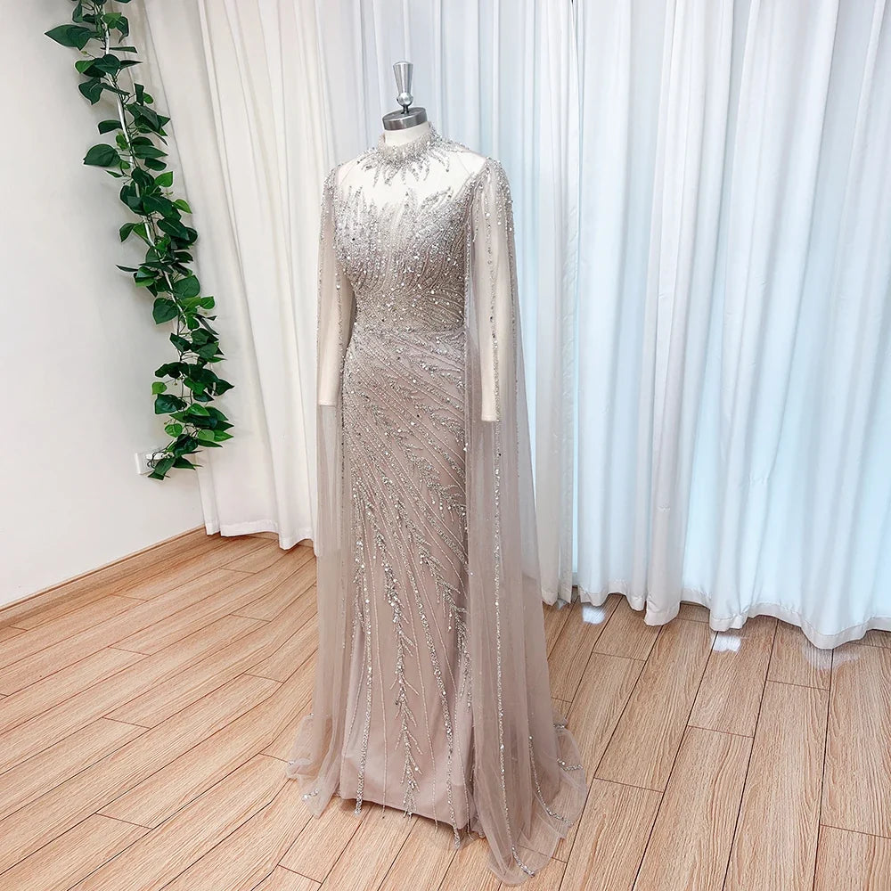 Luxury Beaded Evening Dress Cape Sleeve Dubai Sheer Neck Mermaid Formal Prom Wedding Party Gown Customized 2026