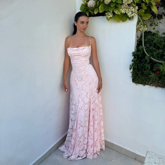 Summer Spaghetti Strap Floral Jacquard Maxi Dress Pink Long Ruched Evening Gown Bridesmaid Wedding Party Women