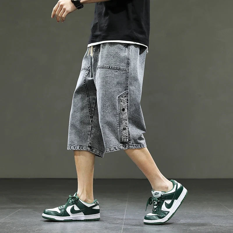 Korean Style Summer Men's Black Wide Leg Denim Shorts New Fashion Casual Baggy Short Jeans Male Plus Size 6XL 8XL YBR602