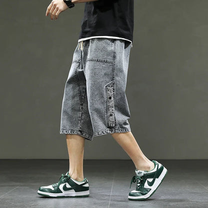 Korean Style Summer Men's Black Wide Leg Denim Shorts New Fashion Casual Baggy Short Jeans Male Plus Size 6XL 8XL YBR602
