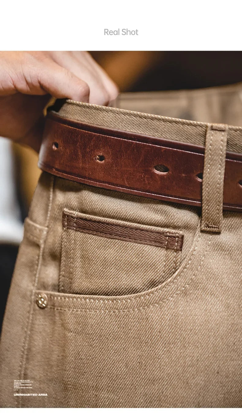 Men Khaki Raw Jeans 11.7OZ Redline Selvedge Denim Jeans Amekaji Straight Pants Male Casual Trousers Hombre Solid Pants