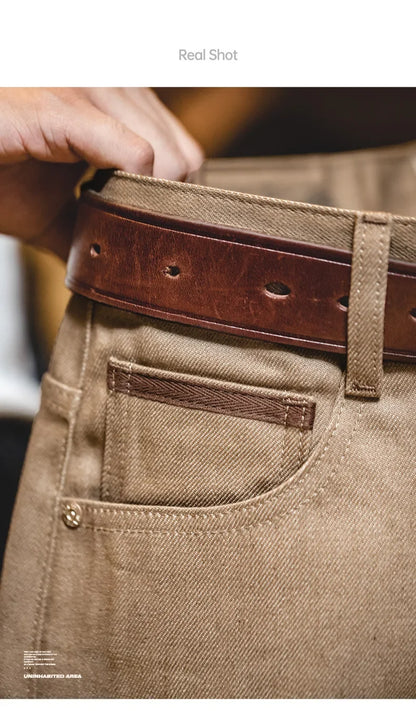 Men Khaki Raw Jeans 11.7OZ Redline Selvedge Denim Jeans Amekaji Straight Pants Male Casual Trousers Hombre Solid Pants