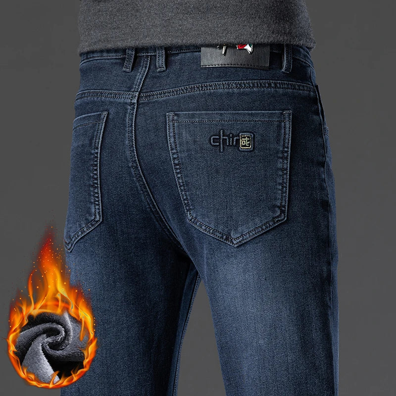 Winter Classic Business Men's Fleece Warm Jeans Straight Stretch Casual Thicken Denim Trousers Washed Fashion Velvet Male Pants